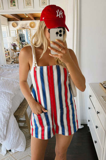 Colorblock Striped Pocket Backless Vacation Romper Playsuit-White