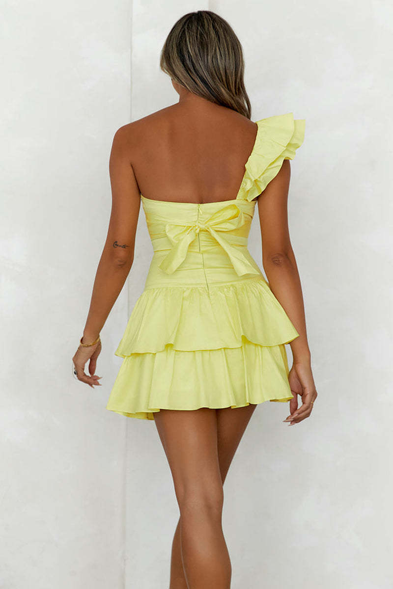 One Shoulder Straps Cutout A-Line Layered Flounced Mini Dresses-Yellow
