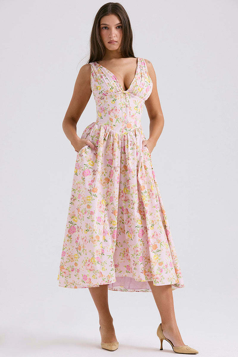 Sleeveless V Neck Cinch Waist Floral Print Midi Dresses-Pink