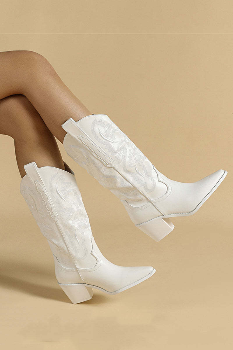 White Pointy Toe Quilted Pattern PU Leather Boots