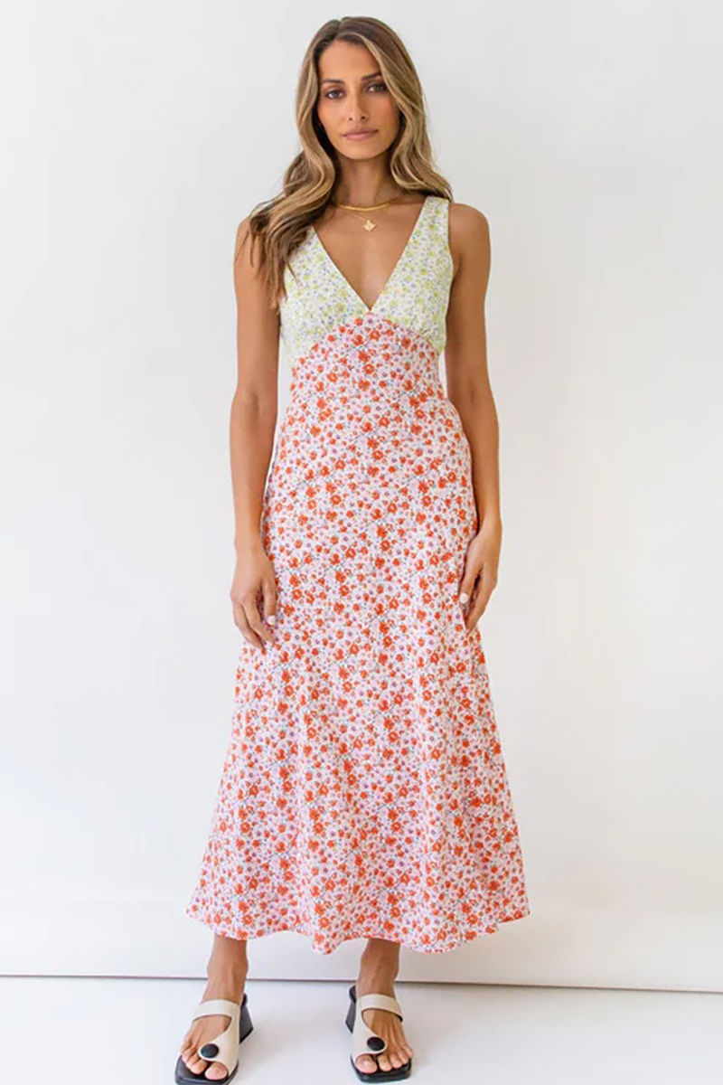 Colorblock Floral Print V Neck Tie Up Backless Maxi Tank Dresses-Black