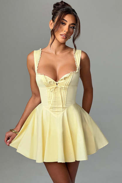 Ruffle Sweetheart Neck Lace Up A-Line Mini Dresses-Yellow