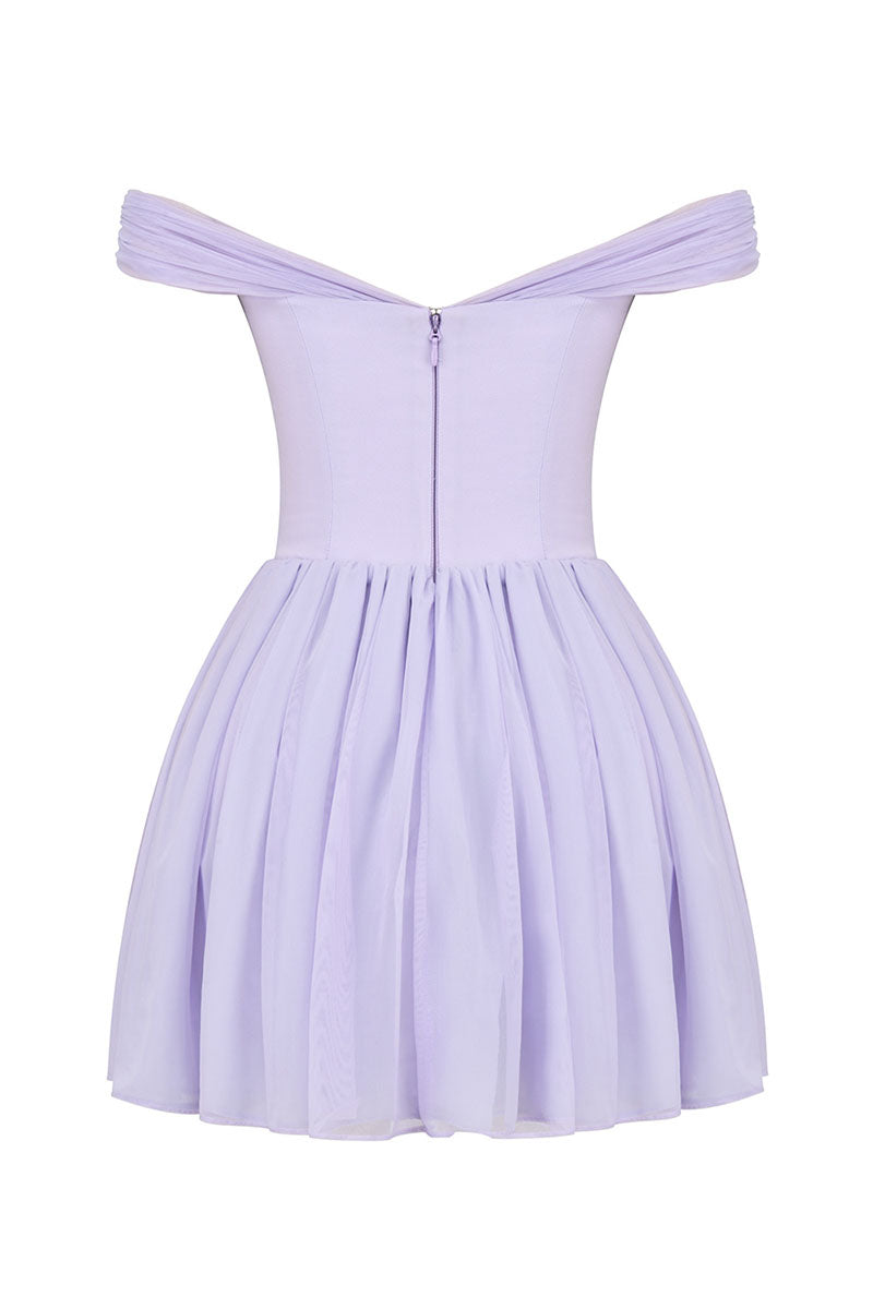 Off Shoulder Tie Up Bow Cinch Waist Ruched Mini Dresses-Purple