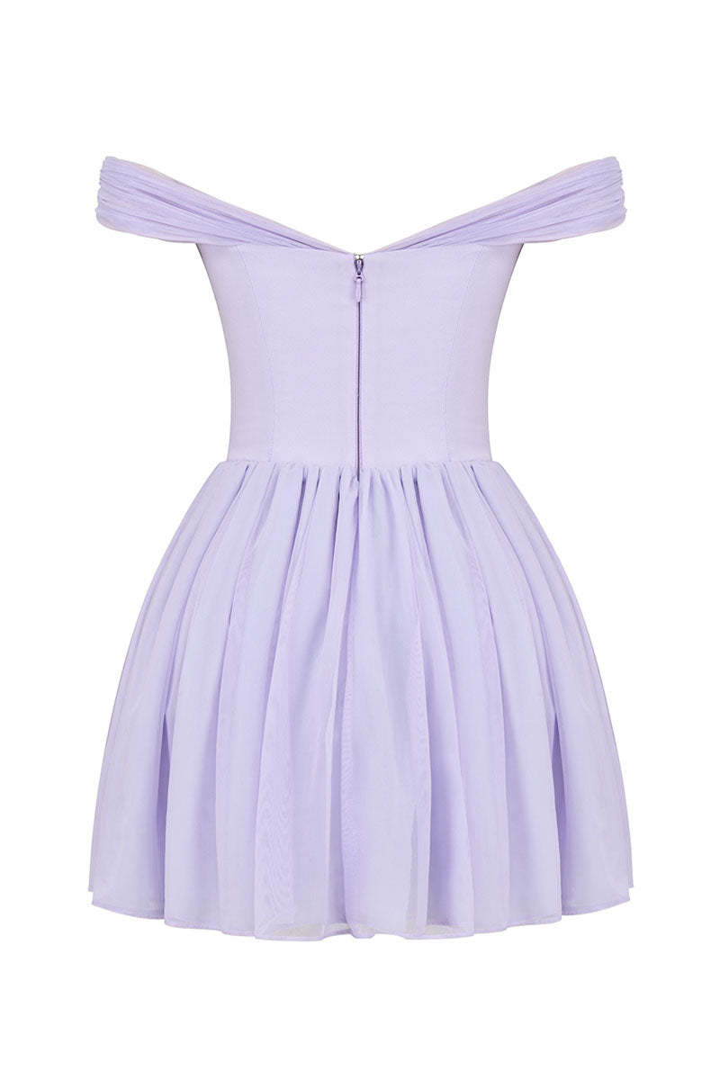 Off Shoulder Tie Up Bow Cinch Waist Ruched Mini Dresses-Purple