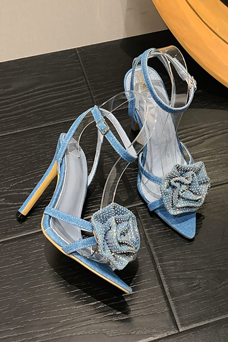 Pointy Peep-Toe 3D Flower Decor Ankle Strap Stiletto Heels-Black