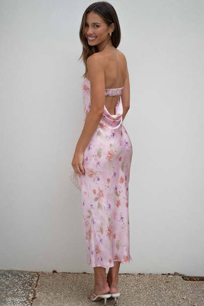 Backless Folded Bust Floral Print Satin Tube Maxi Dresses