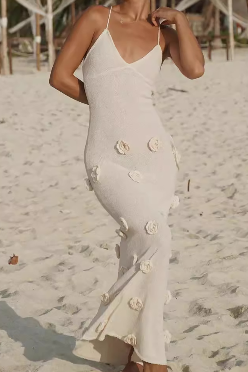 3D Flower Decor Knit Slim Fit Backless Spaghetti Strap Maxi Dresses-White