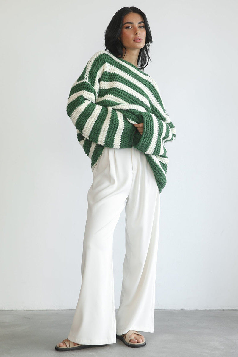 Striped Colorblock Knit Long Sleeve Casual Sweater-Green