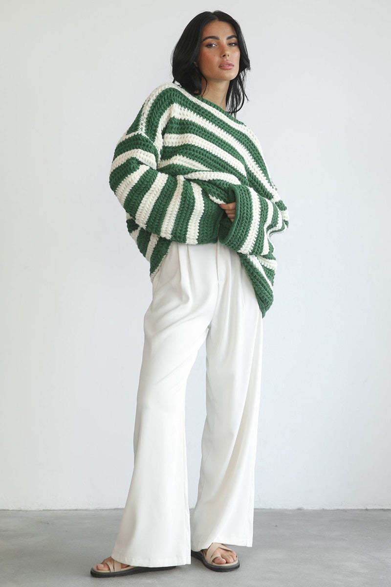 Striped Colorblock Knit Long Sleeve Casual Sweater-Green