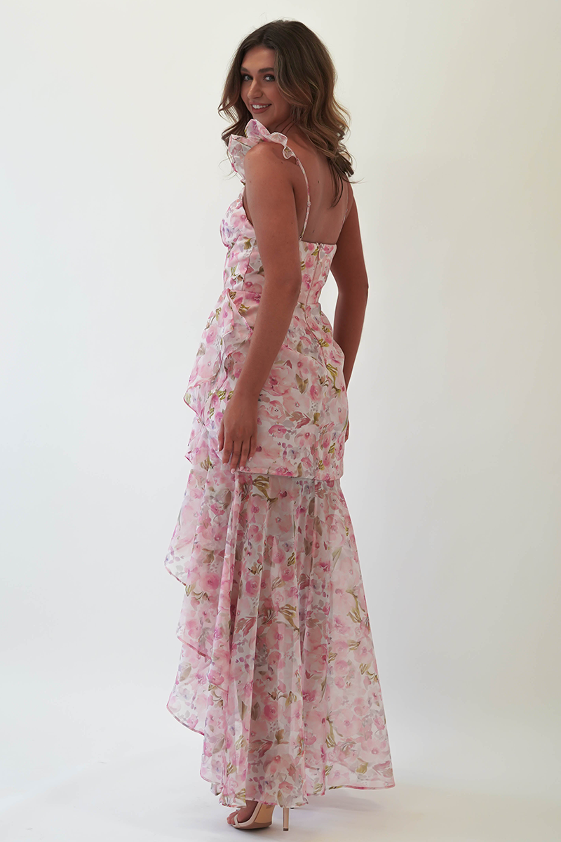 Floral Print Cami Asymmetrical Ruffled Slit Maxi Dresses-Pink