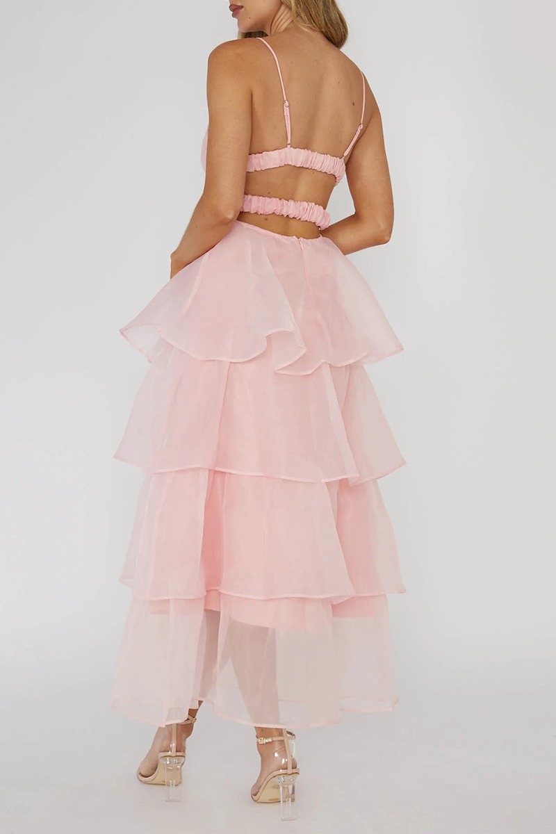 V Neck Cinch Waist Tulle Tiered Hem Backless Midi Slip Dresses-White