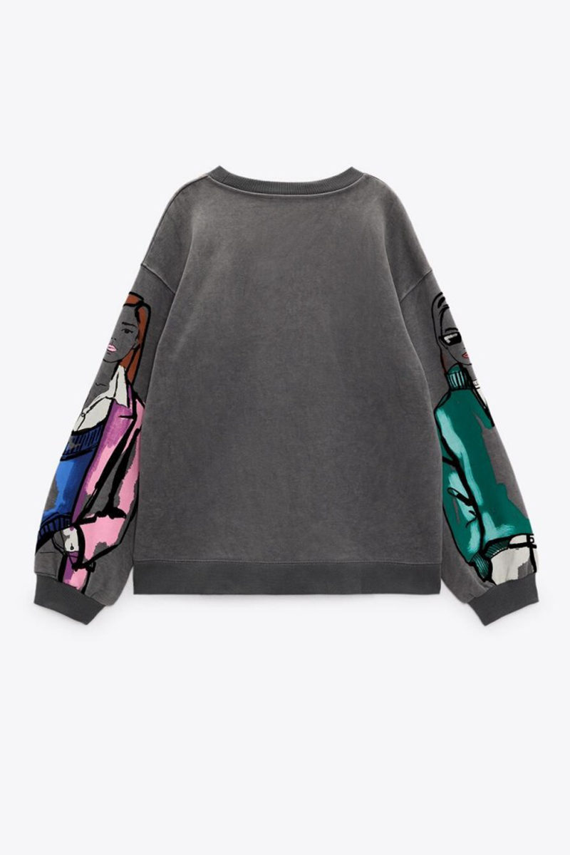 Doodle Print Round Neck Long Sleeve Sweatshirt-Grey