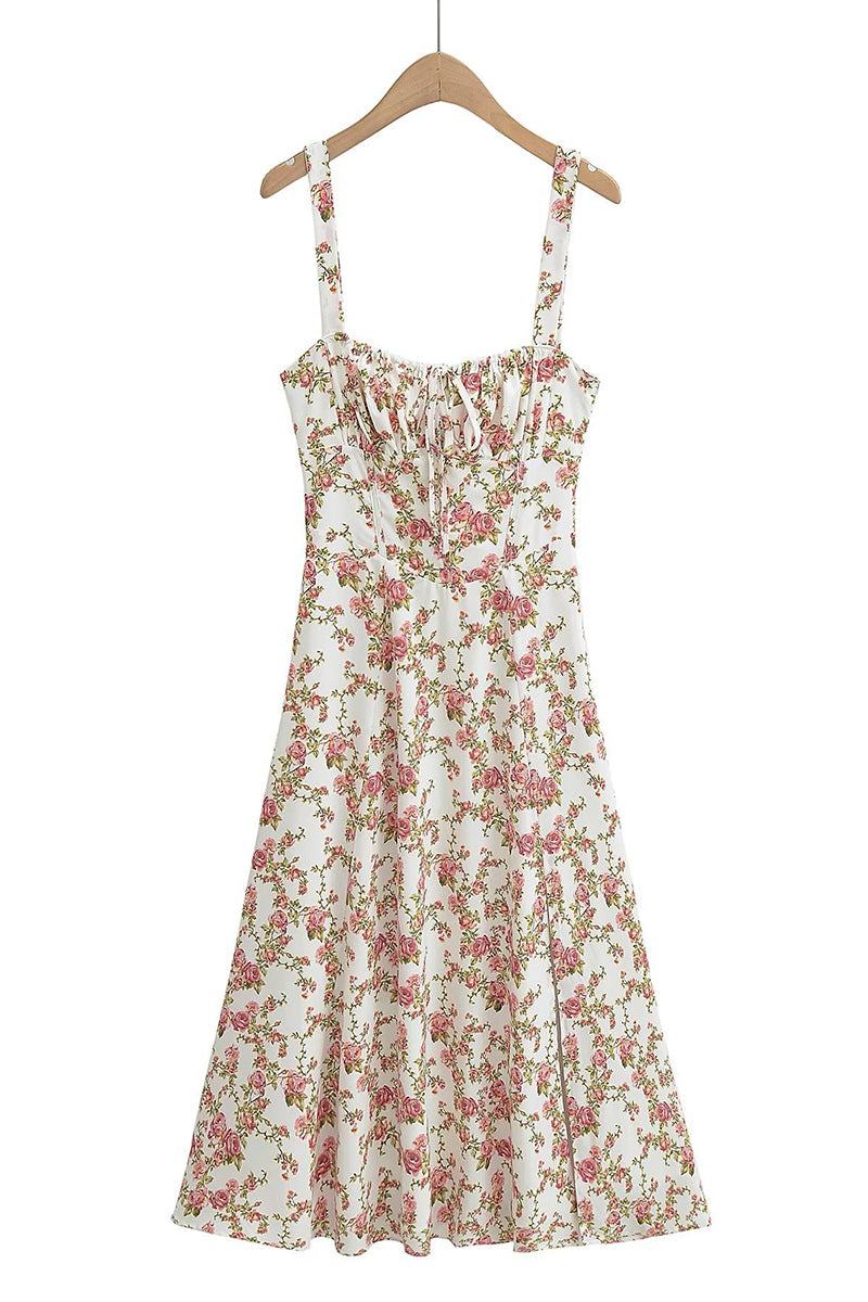 Tied Up Lace Up Floral Print Slit A-Line Vacation Slip Midi Dress