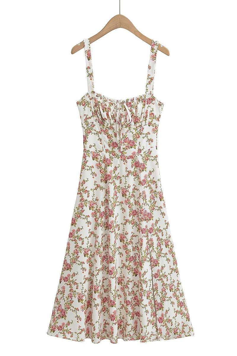 Tied Up Lace Up Floral Print Slit A-Line Vacation Slip Midi Dress