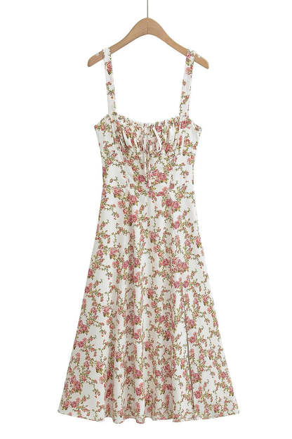 Tied Up Lace Up Floral Print Slit A-Line Vacation Slip Midi Dress