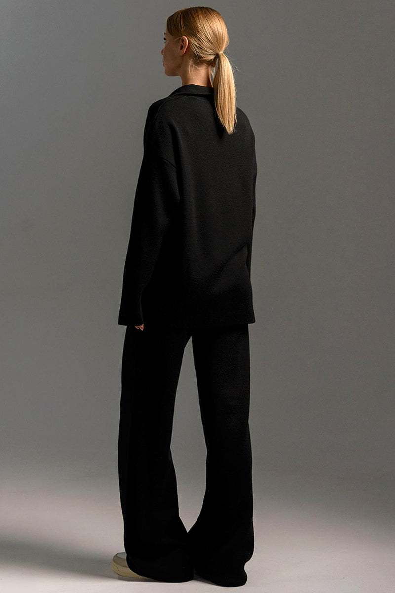 Knit Turndown Collar Sweater Plain Wide Leg Pants Matching Set-Beige