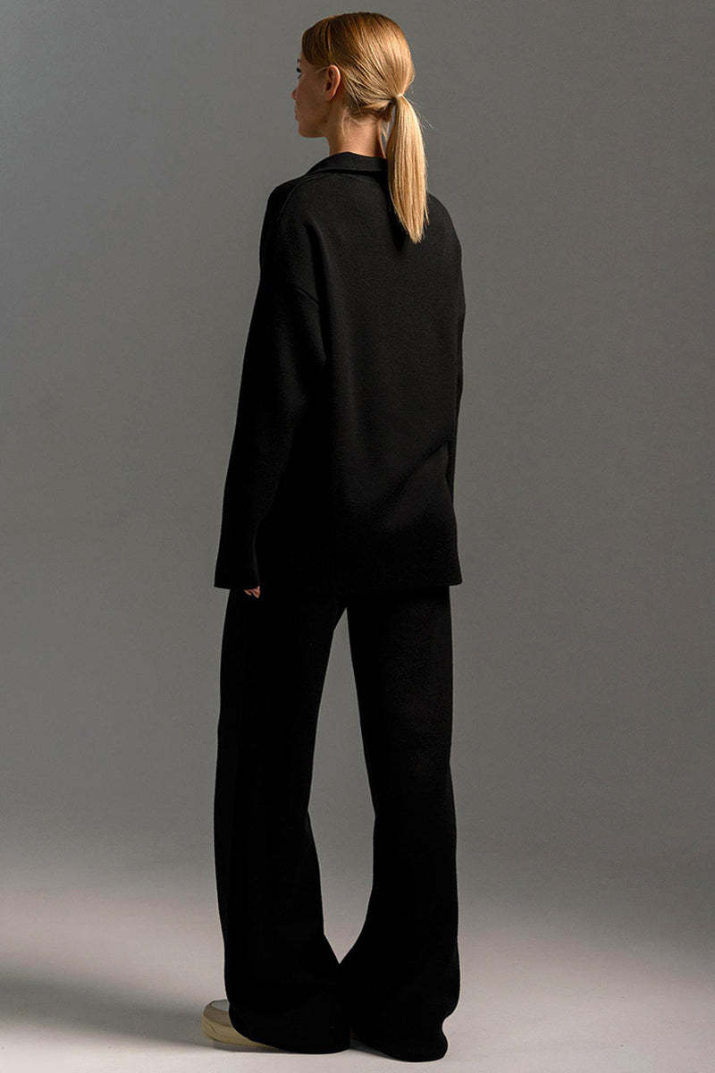 Knit Turndown Collar Sweater Plain Wide Leg Pants Matching Set-Beige