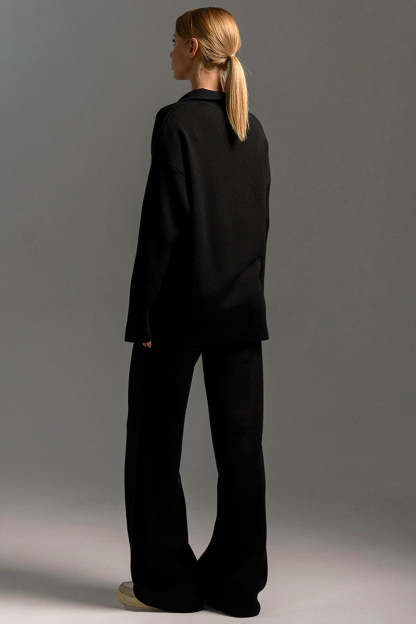 Knit Turndown Collar Sweater Plain Wide Leg Pants Matching Set-Beige