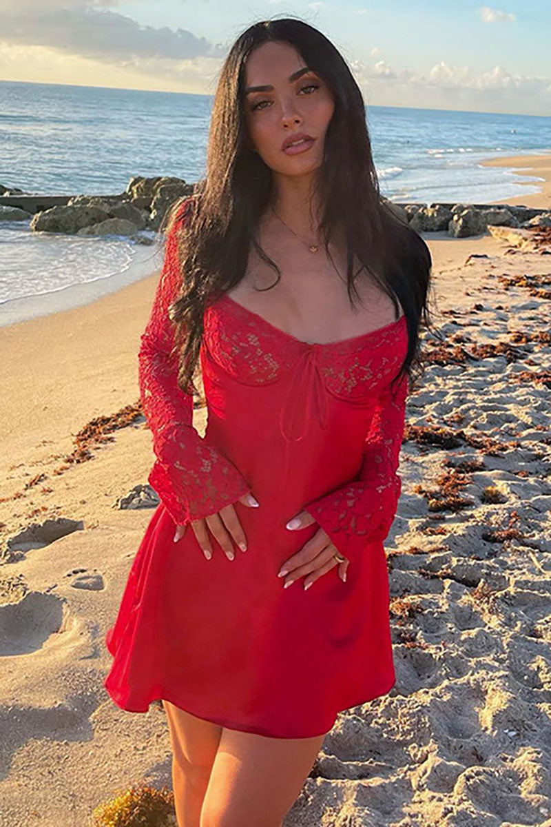 Lace Patchwork Tie Up Corset Long Sleeve A-Line Mini Dresses-Red