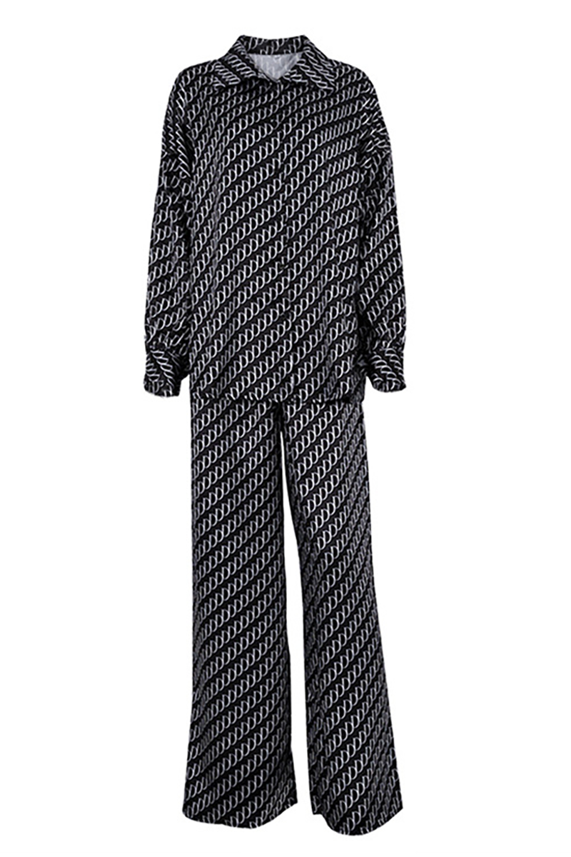 Graphic Print Long Sleeve Blouse Wide Leg Pants Matching Set-Black