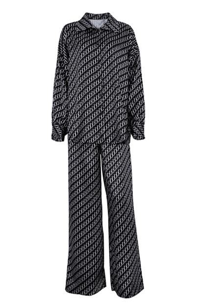 Graphic Print Long Sleeve Blouse Wide Leg Pants Matching Set-Black