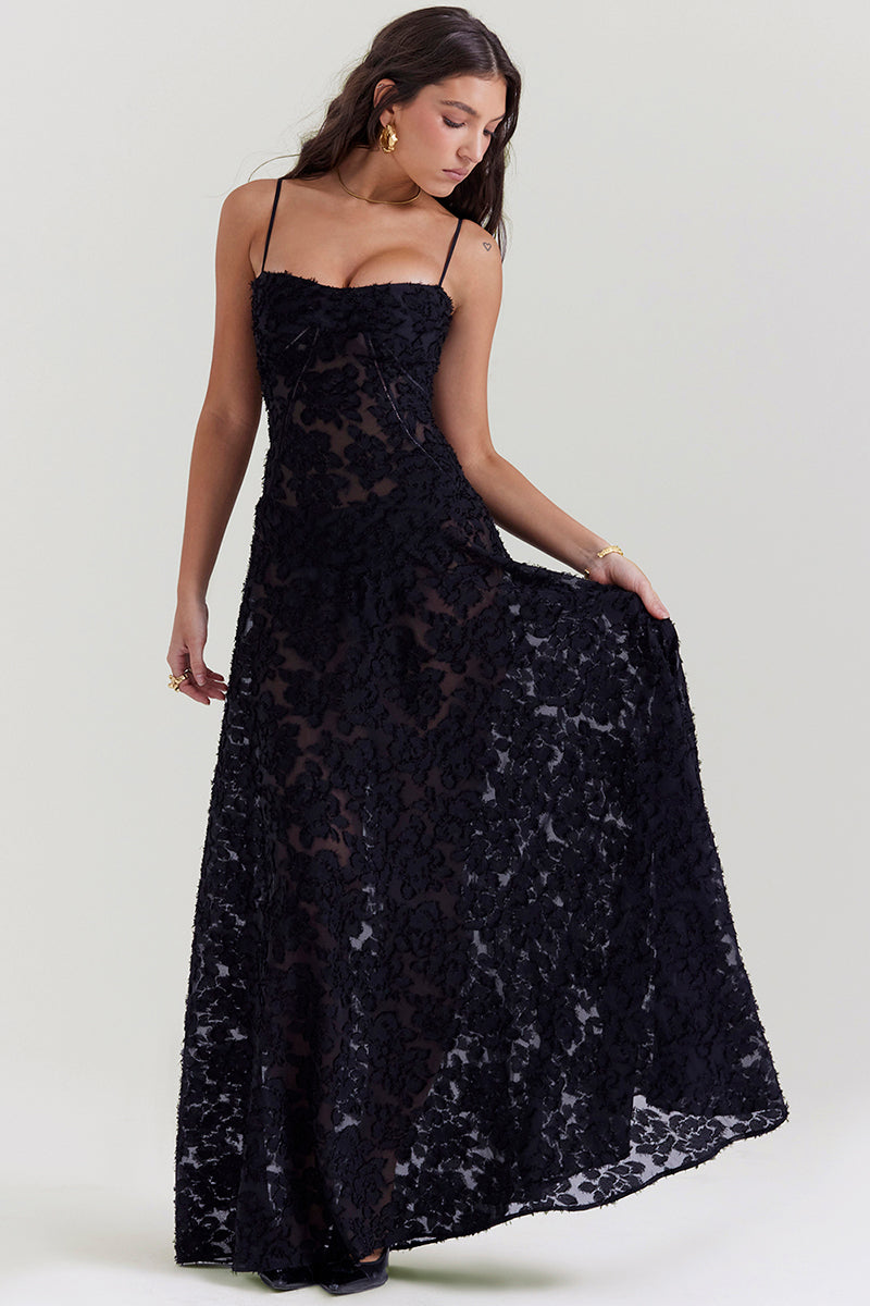 Floral Jacquard Lace Gothic Party Flowy Slip Maxi Dresses-Black