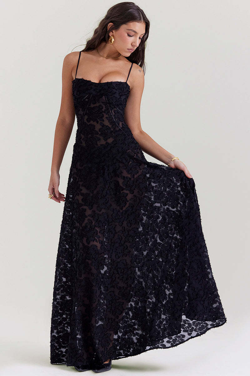 Floral Jacquard Lace Gothic Party Flowy Slip Maxi Dresses-Black