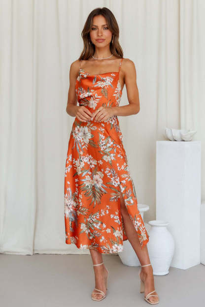 Vacation Cami Boat Neck Floral Print Slit Satin Vacation Midi Dress