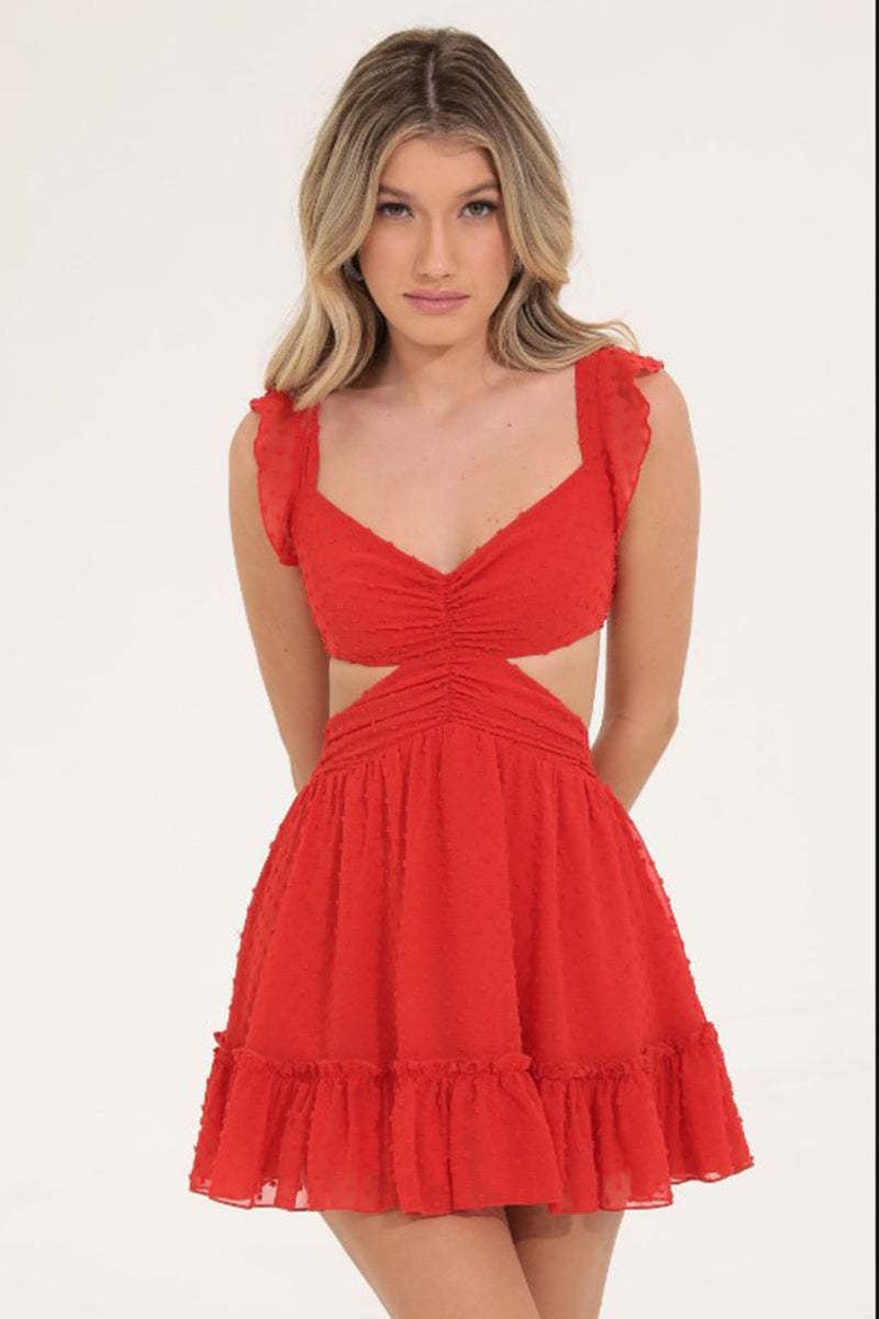 Cut Out Back Lace Up Ruffle Sleeveless Party Mini Dresses-Black