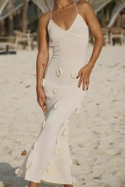 3D Flower Decor Knit Slim Fit Backless Spaghetti Strap Maxi Dresses-White