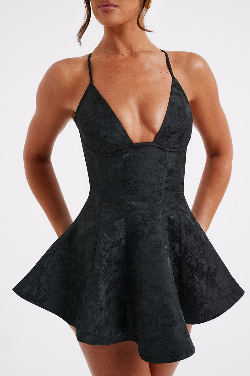 Deep V Neck Halter Backless A-Line Flared Hem Jacquard Playsuit Romper-Pink