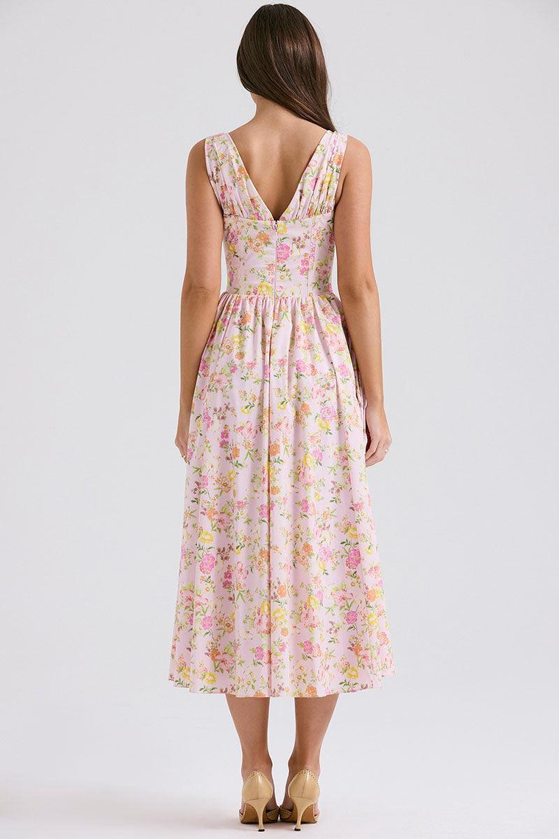 Sleeveless V Neck Cinch Waist Floral Print Midi Dresses-Pink