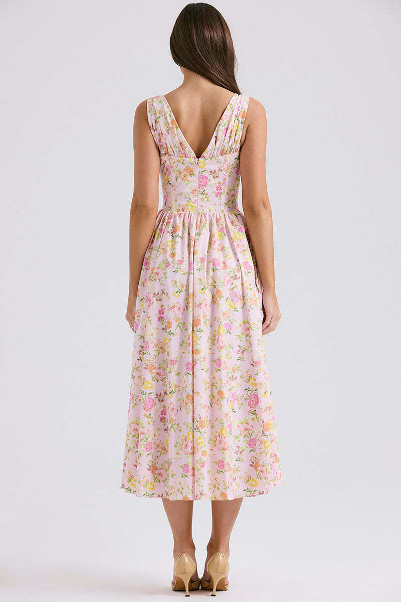 Sleeveless V Neck Cinch Waist Floral Print Midi Dresses-Pink