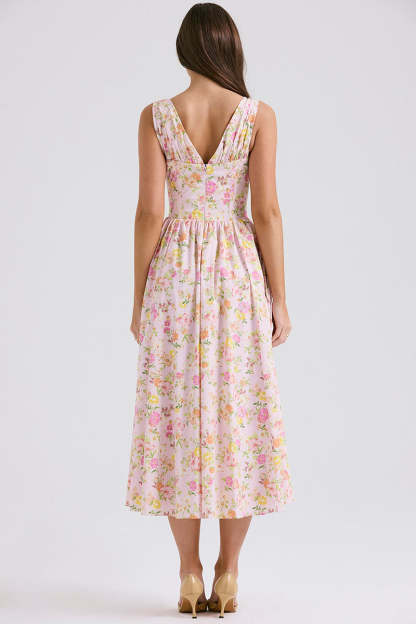 Sleeveless V Neck Cinch Waist Floral Print Midi Dresses-Pink