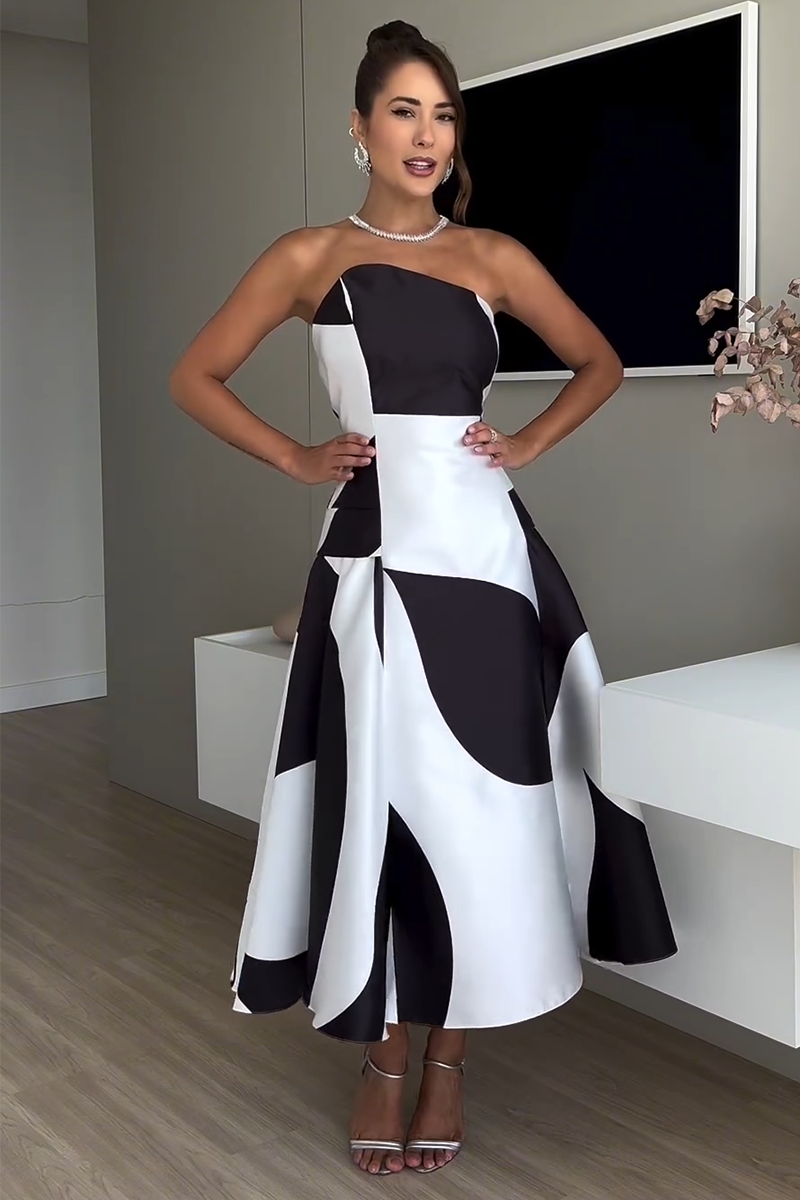 Colorblock Strapless A-Line Cocktail Party Midi Dresses-Black