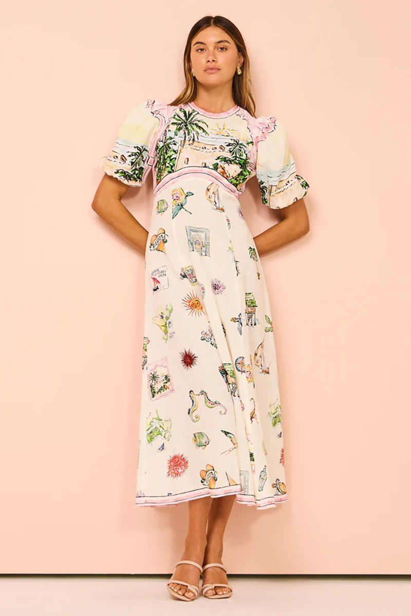 Vacation Mixed Prints Puff Sleeve A-Line Midi Dresses-Beige