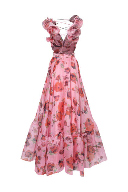Ruffle Lace Up Backless Floral Print Vacation Maxi Dresses-Pink