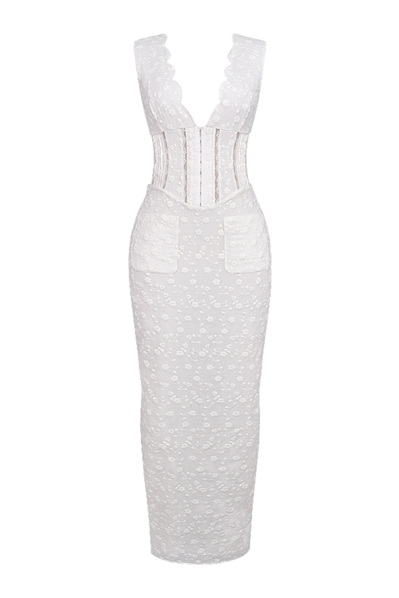 Deep V Neck Cinch Waist Floral Embroidery Maxi Tank Dresses-White