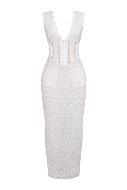Deep V Neck Cinch Waist Floral Embroidery Maxi Tank Dresses-White