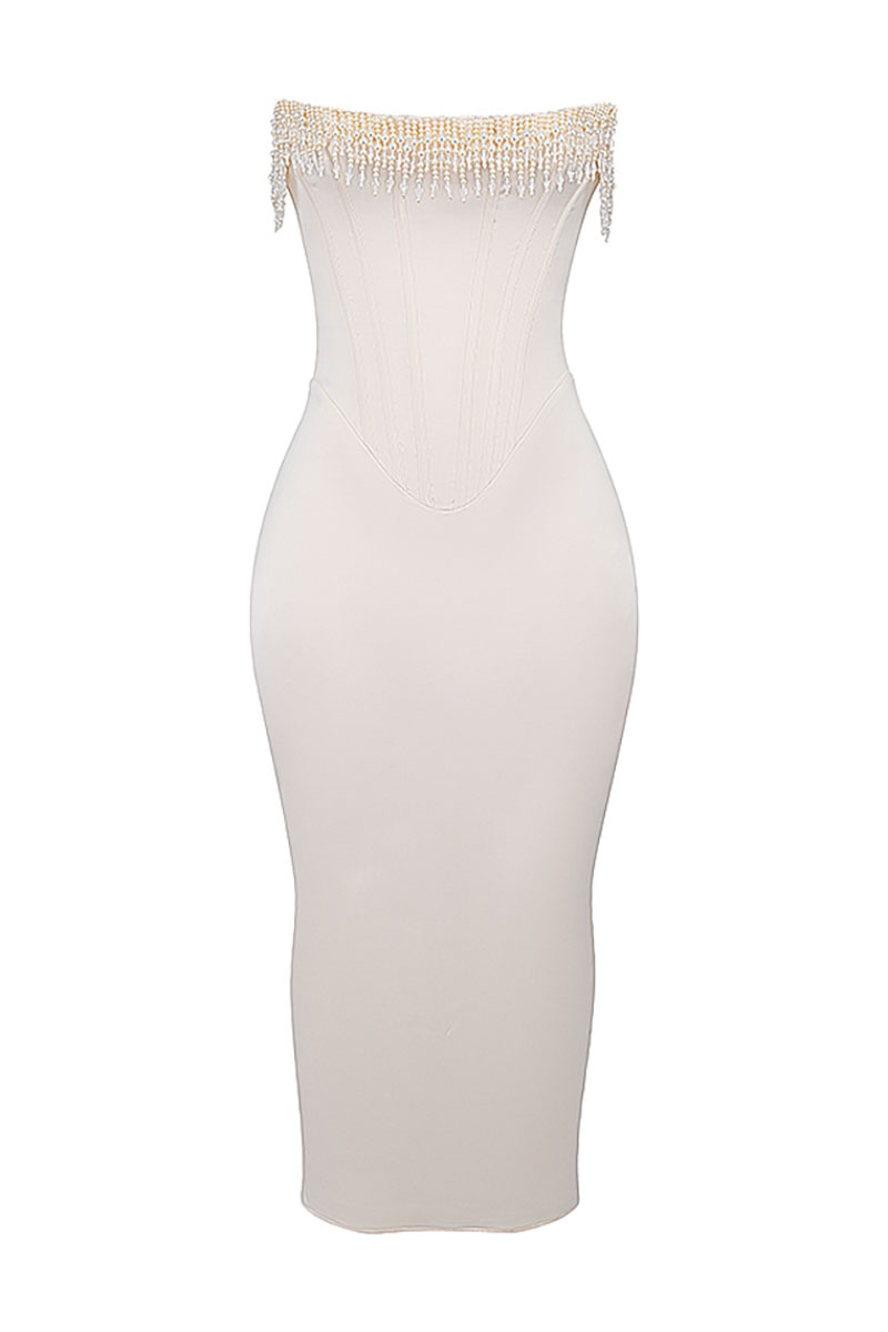Beads Pearls Fringed Trim Strapless Corset Bodycon Midi Dresses-White