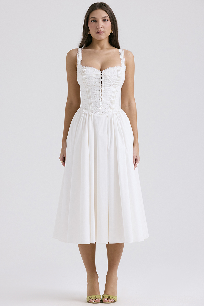 Lace Trim Front Lace Up Corset A-Line Slip Midi Dresses-White Pre Order