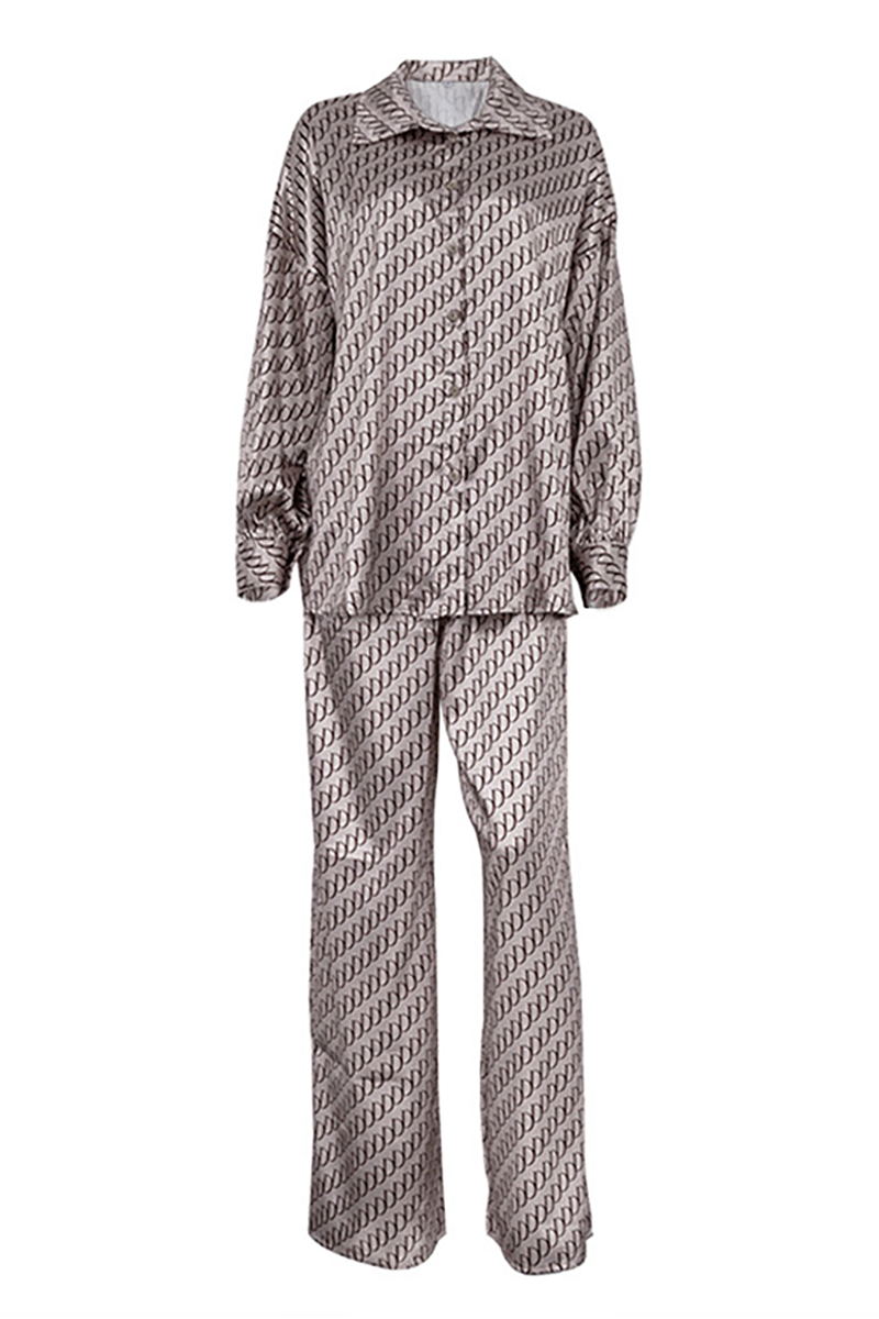 Graphic Print Long Sleeve Blouse Wide Leg Pants Matching Set-Black