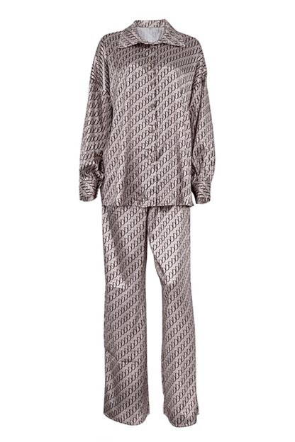 Graphic Print Long Sleeve Blouse Wide Leg Pants Matching Set-Black