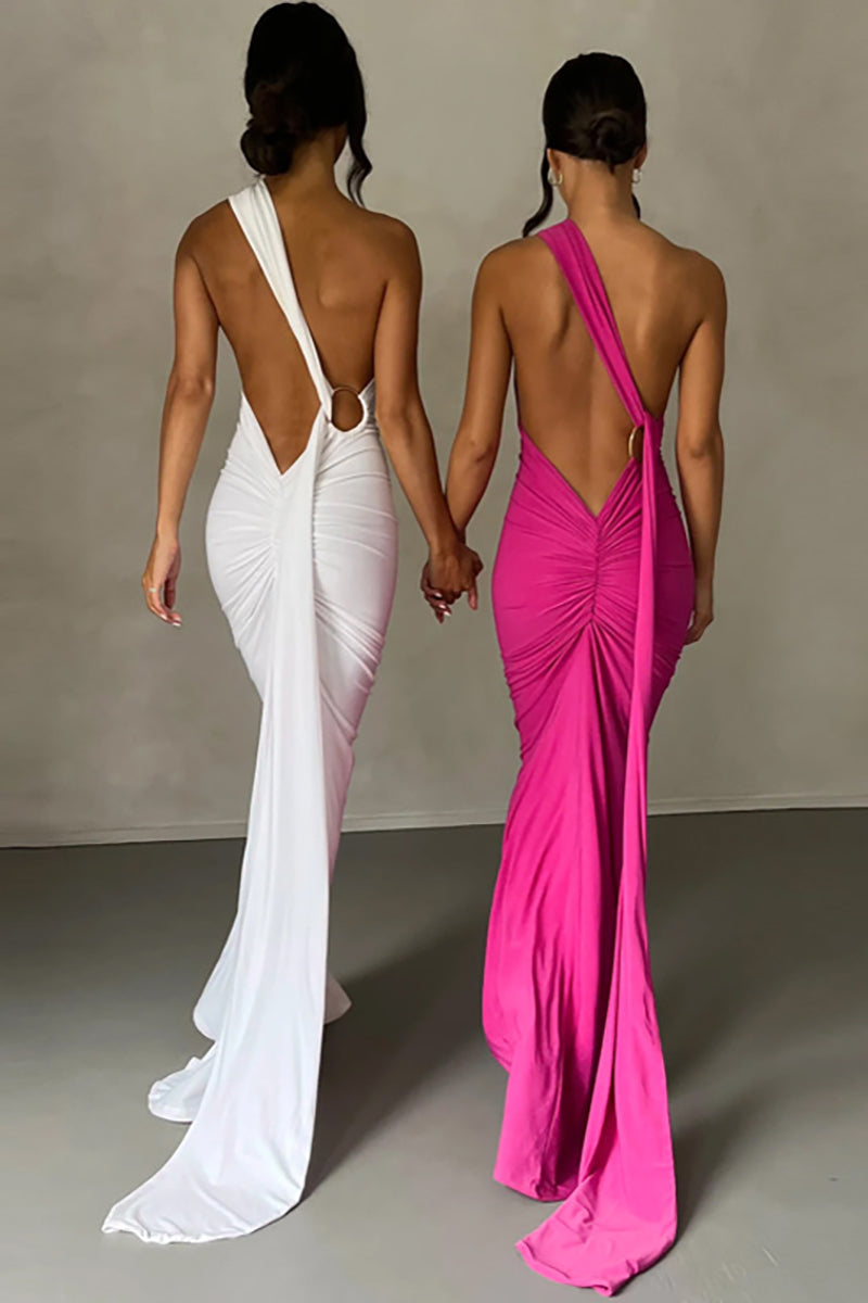 One Shoulder Sleeveless Sash Ring Decor Ruched Backless Elegant Evening Gown White Maxi Dresses