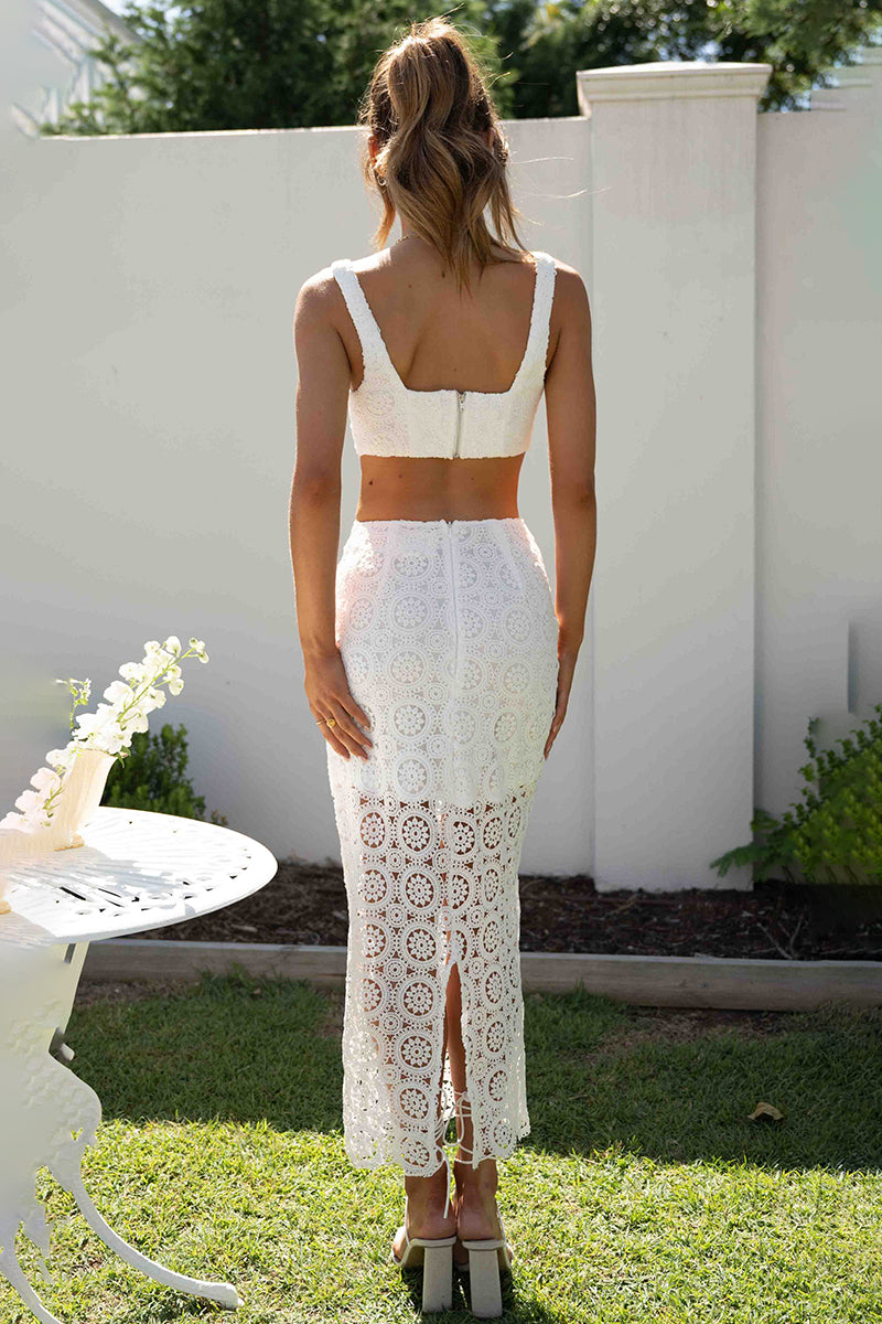 Lace Cami Corset Crop Top Fishtail Slit Midi Dress Vacation Matching Set