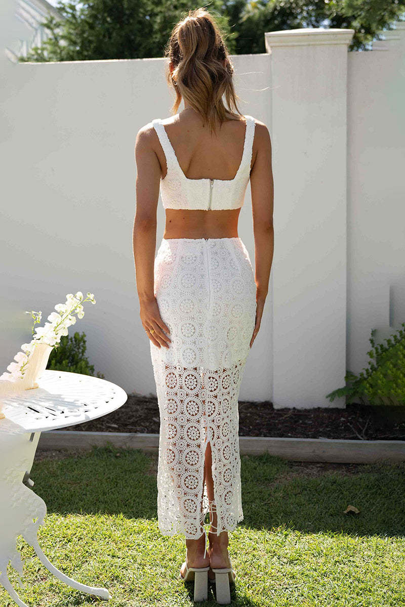 Lace Cami Corset Crop Top Fishtail Slit Midi Dress Vacation Matching Set