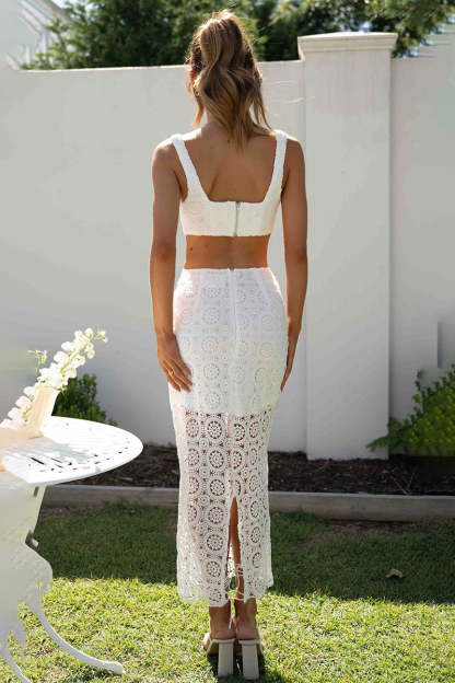 Lace Cami Corset Crop Top Fishtail Slit Midi Dress Vacation Matching Set
