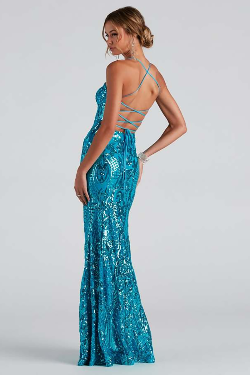 Sequin Pattern High Slit Lace Up Backless Party Gowns Maxi Slip Dresses-Blue