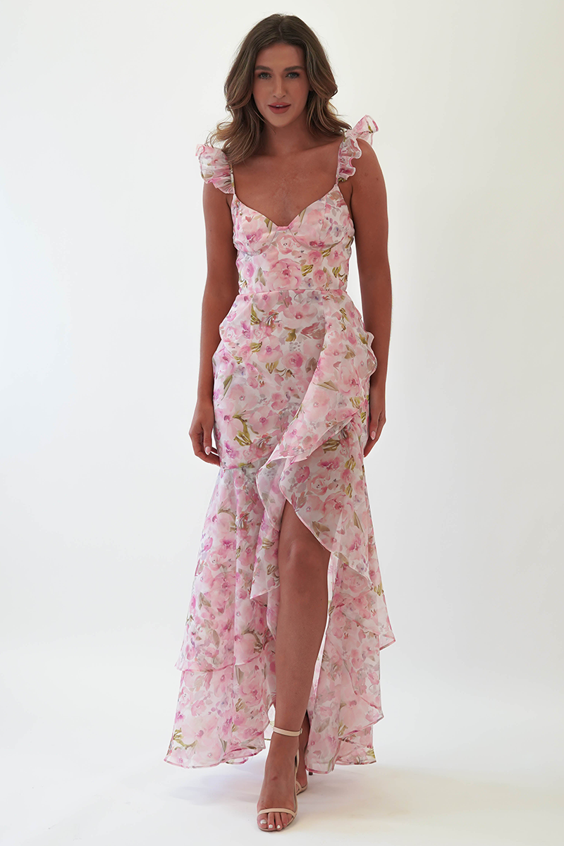 Floral Print Cami Asymmetrical Ruffled Slit Maxi Dresses-Pink