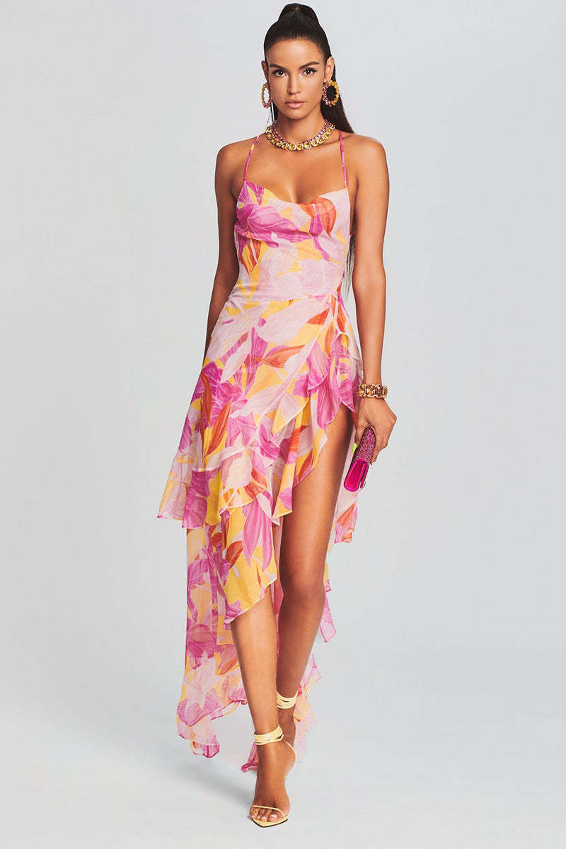 Vacation Cami Boat Neck Floral Print Irregular Ruffle Hem High Slit Tulle Maxi Dresses
